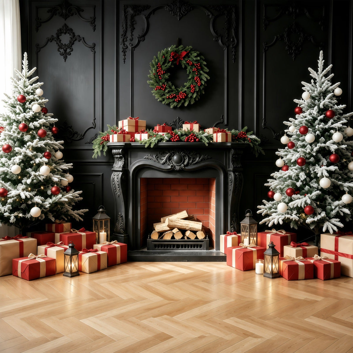 Kamin-Hintergrund Weihnachten Geschenk Für Einen Schwarzen Kaminsimsbaum Weihnachts-Fotohintergründe GQ68-94