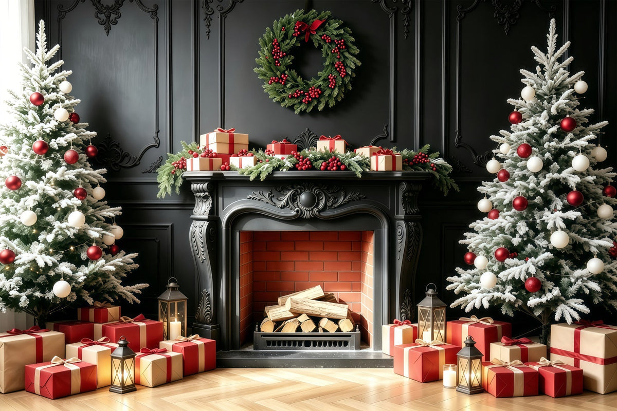 Kamin-Hintergrund Weihnachten Geschenk Für Einen Schwarzen Kaminsimsbaum Weihnachts-Fotohintergründe GQ68-94