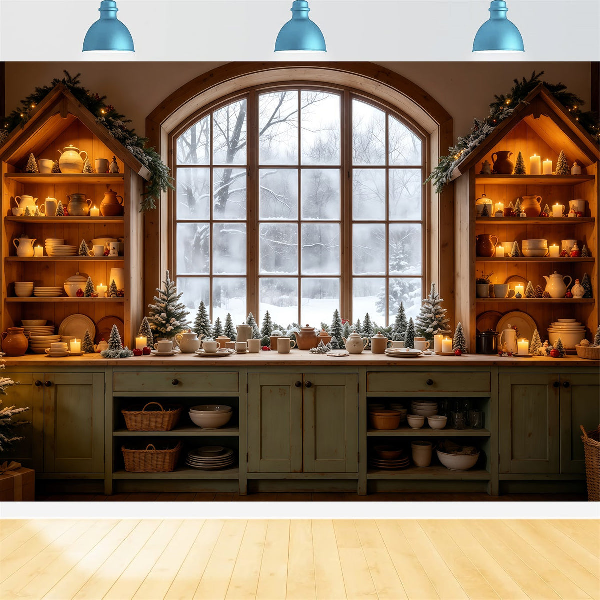 Weihnachtsküchen-Hintergrund Gemütliche Küche Verschneites Fenster Weihnachts-Wandhintergründe GQ68-95