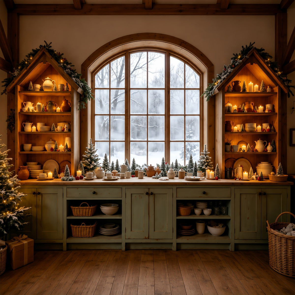 Weihnachtsküchen-Hintergrund Gemütliche Küche Verschneites Fenster Weihnachts-Wandhintergründe GQ68-95
