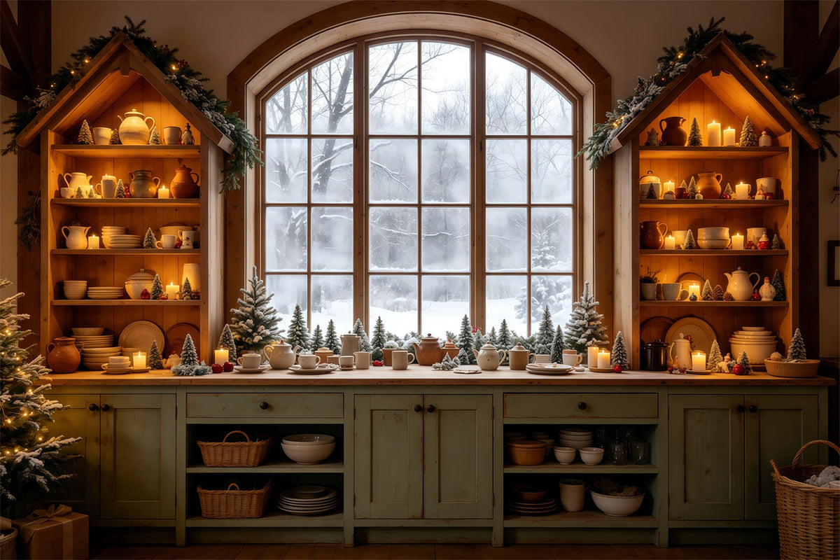 Weihnachtsküchen-Hintergrund Gemütliche Küche Verschneites Fenster Weihnachts-Wandhintergründe GQ68-95