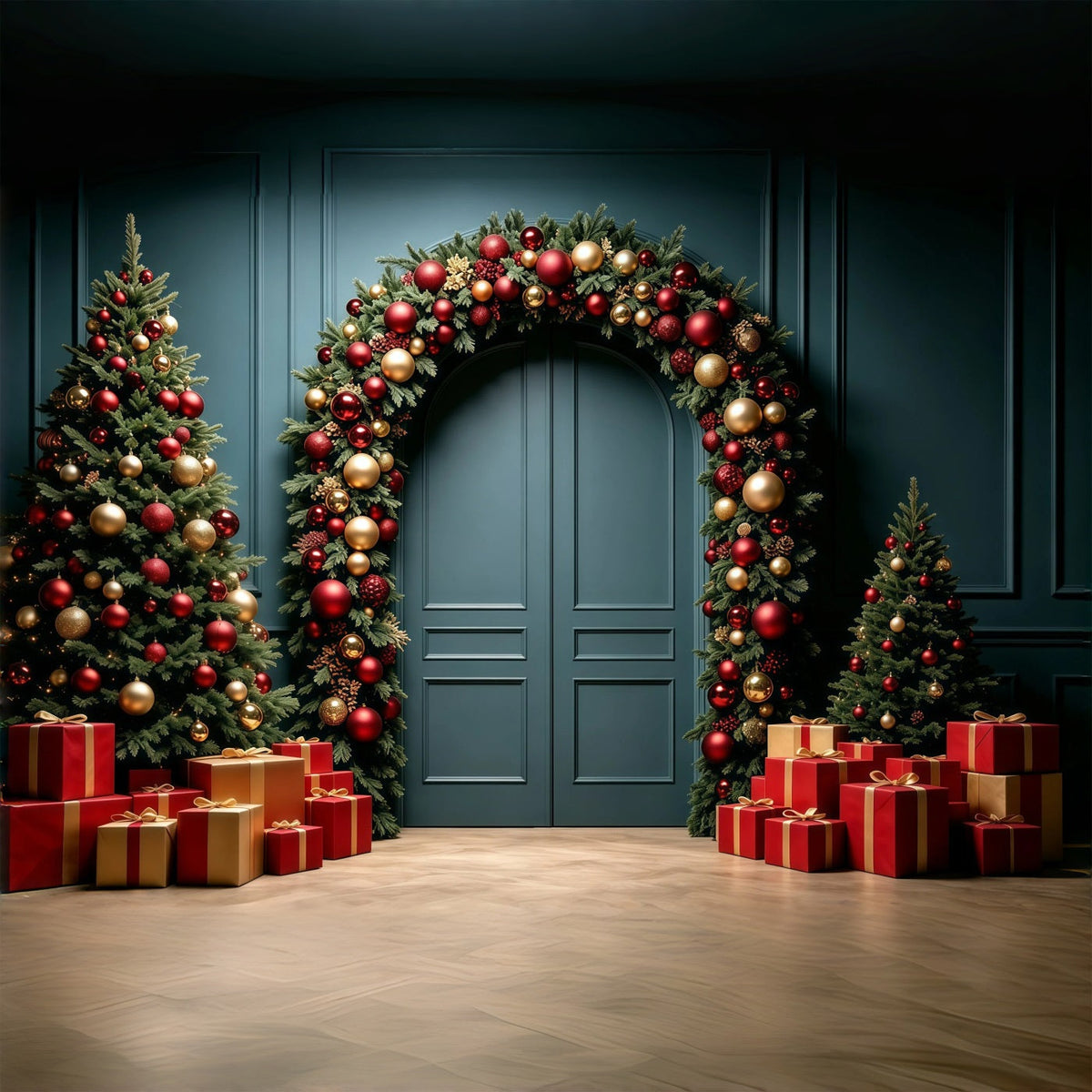 Weihnachtswand-Hintergrund Luxuriöser Girlanden-Türbogen Weihnachtsstudio-Hintergrund GQ68-96