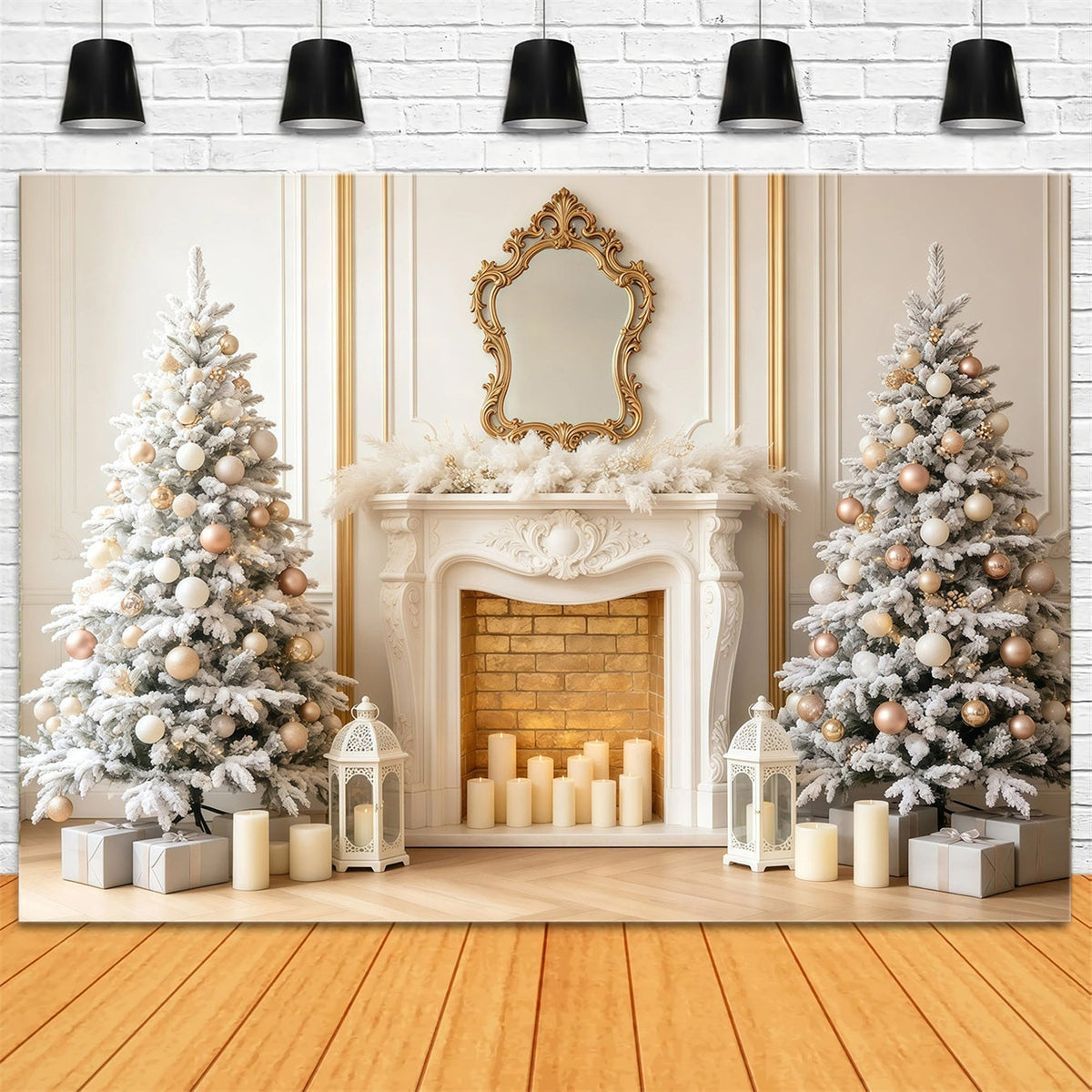 Elegante Weihnachtskulisse Weißgoldener Kaminbaum Weihnachtsfotohintergrund GQ68-97