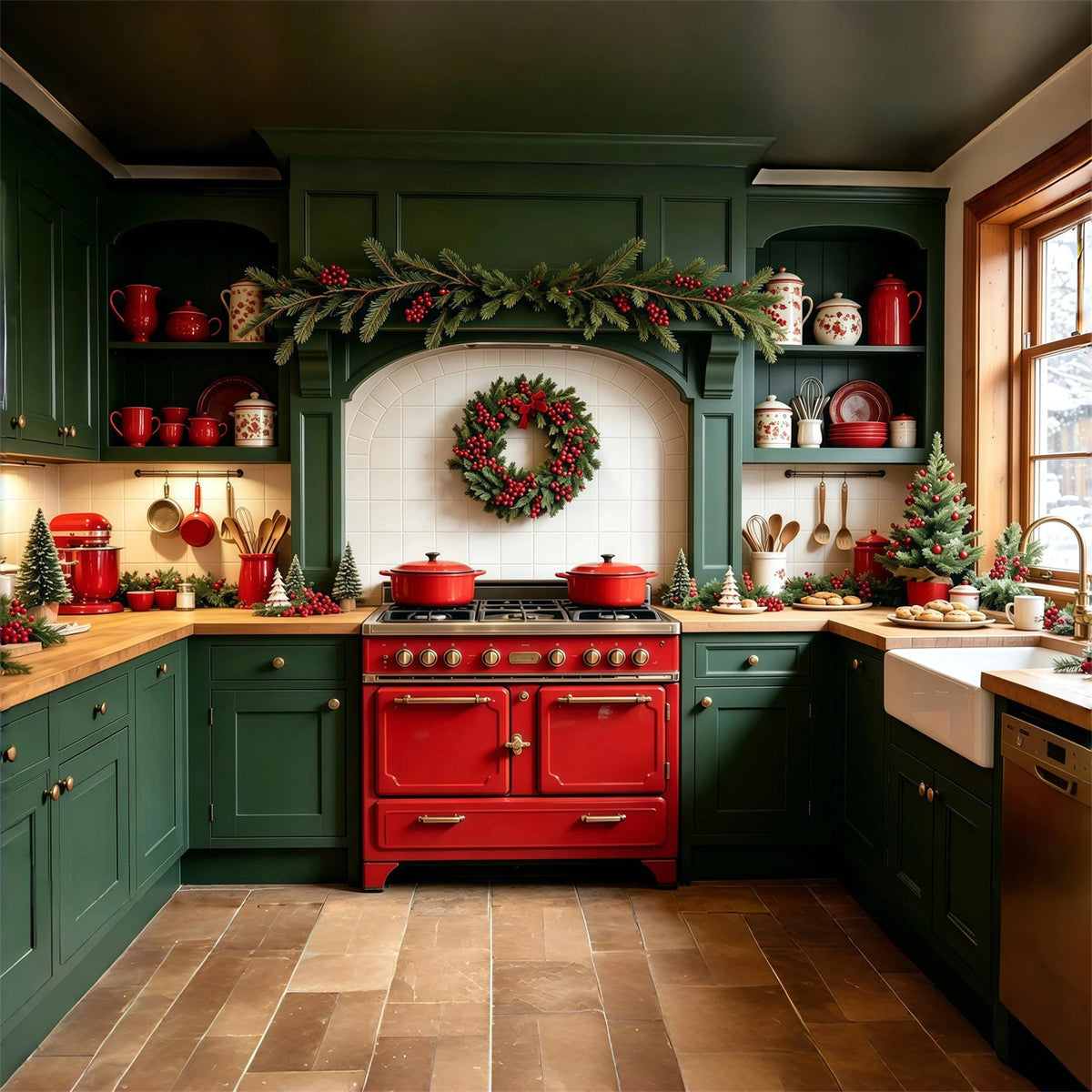 Weihnachtsküchen-Hintergründe Zimmerdekoration Mit Grünen Girlanden Studiohintergründe Weihnachten GQ69-1