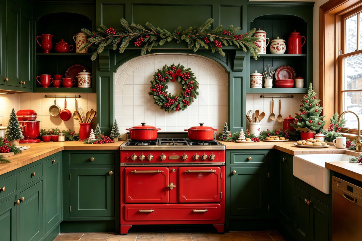 Weihnachtsküchen-Hintergründe Zimmerdekoration Mit Grünen Girlanden Studiohintergründe Weihnachten GQ69-1