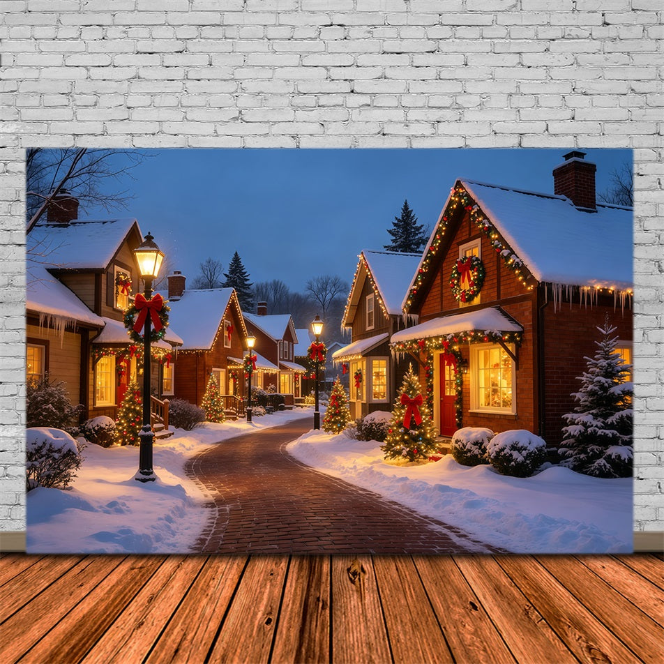 Weihnachtsdorf-Kulisse Lichter Der Verschneiten Straßenhütte Weihnachtshintergründe Für Den Innenbereich GQ69-10