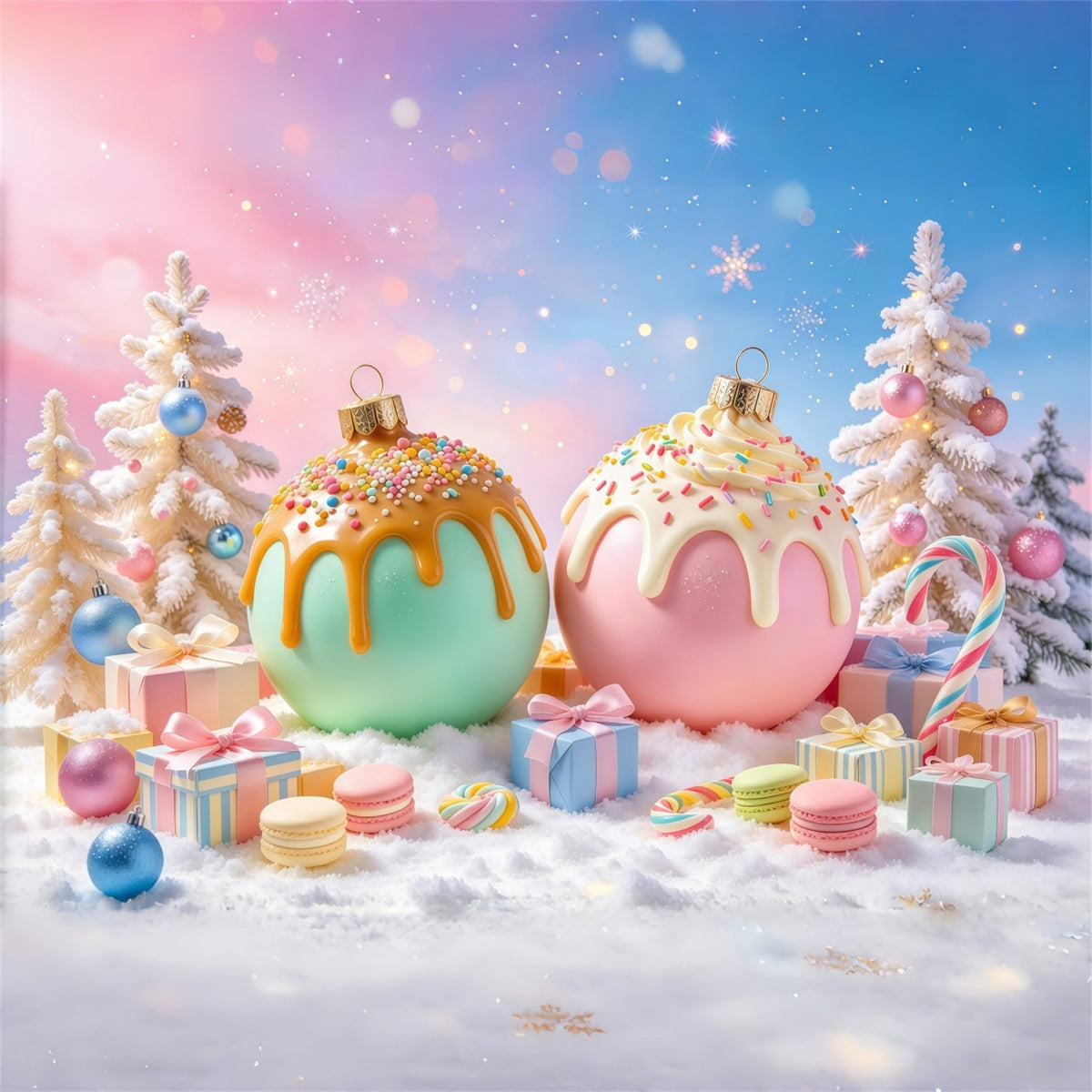 Weihnachtsgeschichte Hintergrund Grün Rosa Süßigkeiten Ornamente Pastell GQ69-100
