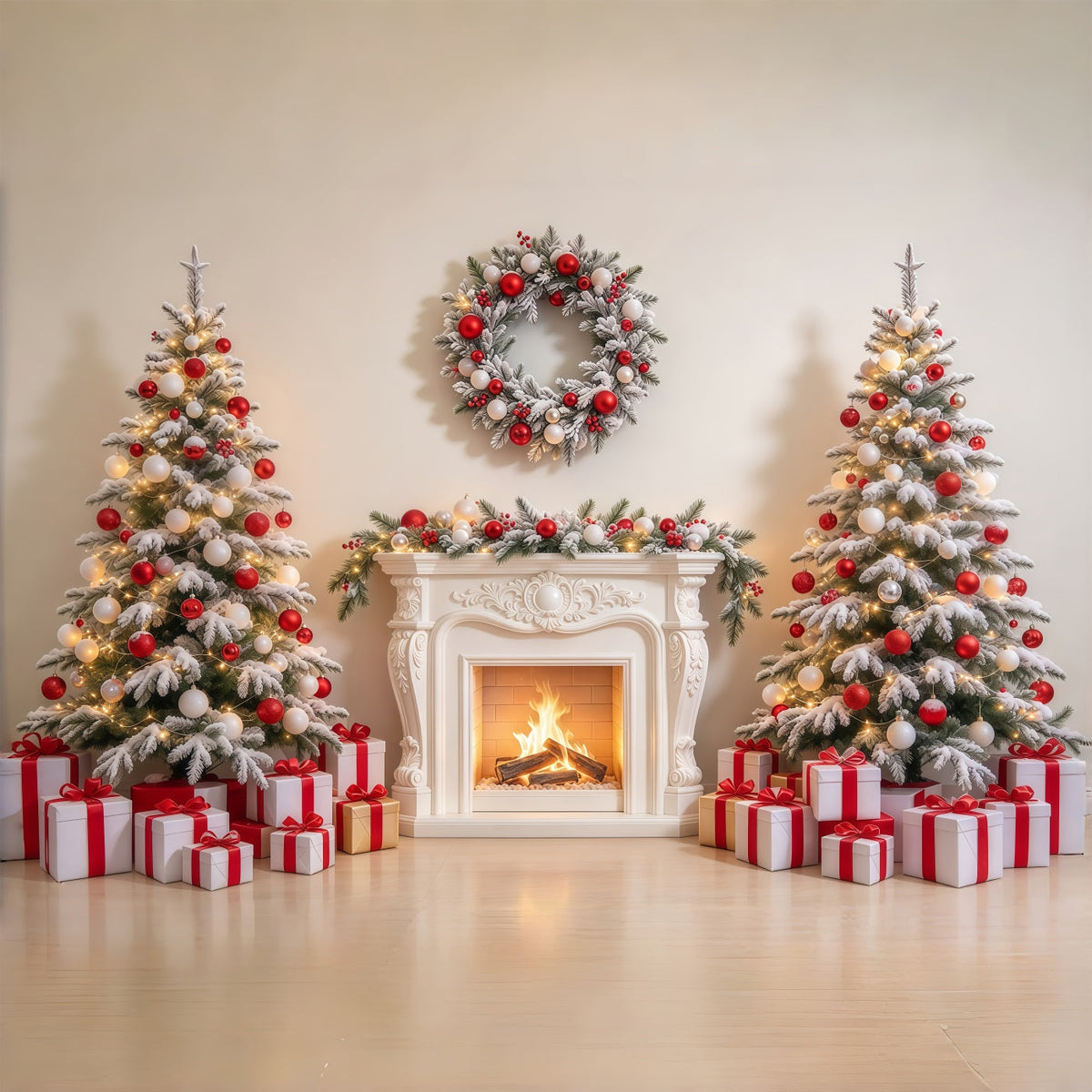 Rot Weißer Weihnachtshintergrund Gemütlicher Kamin GQ69-101