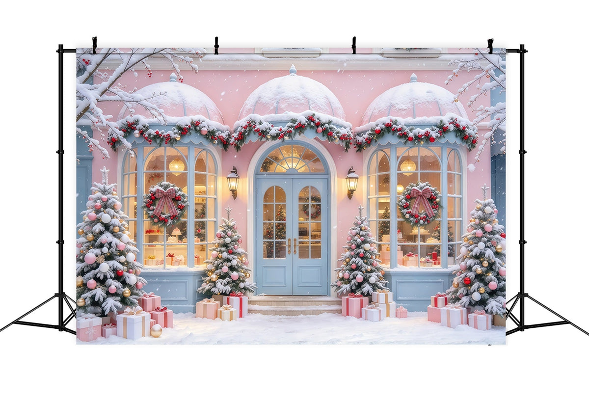 Weihnachtlicher Familienhintergrund Pastellrosa Verschneites Schaufenster GQ69-102