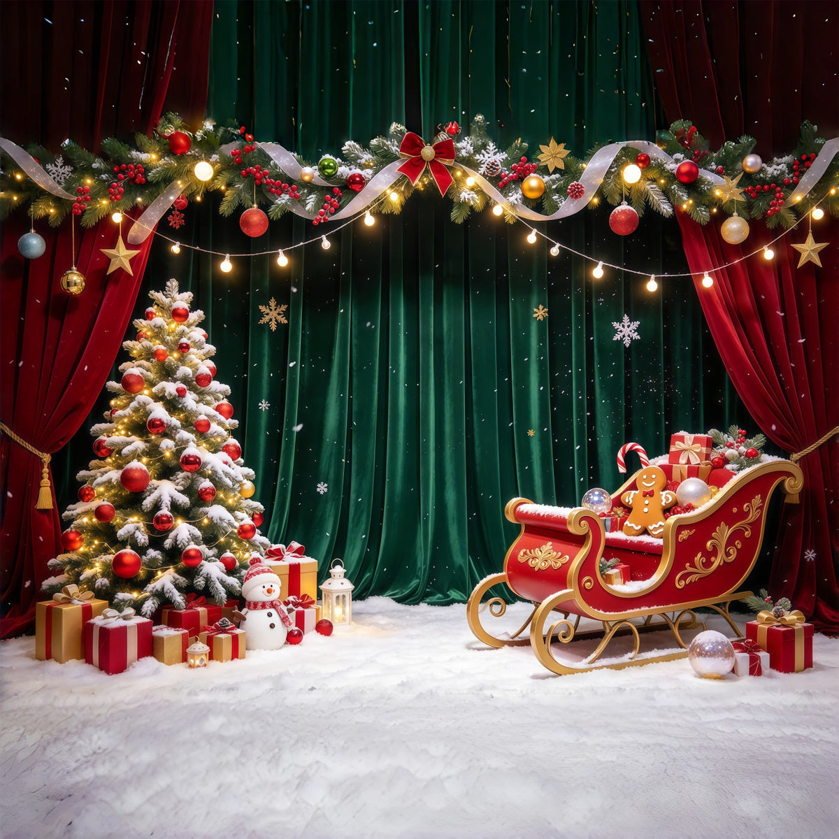 Weihnachtlicher Partyfotohintergrund Samtschlitten Geschenkauslage Vertikal GQ69-104