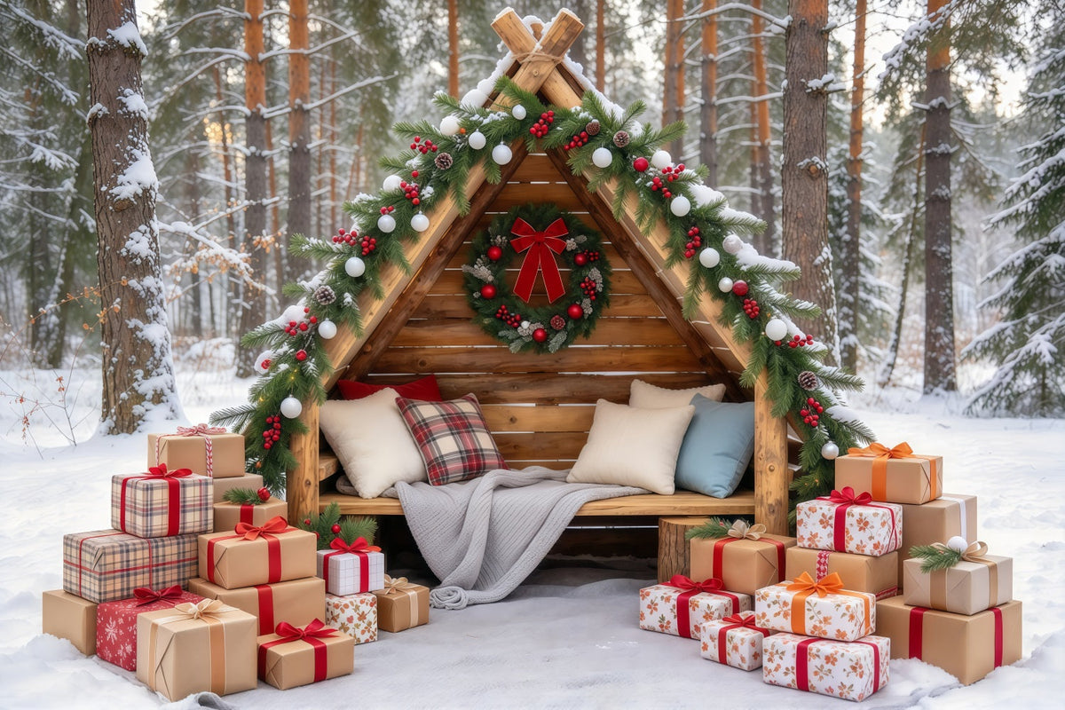 Weihnachtlicher Außenfotohintergrund Rustikale Waldhütte Winterurlaub GQ69-105