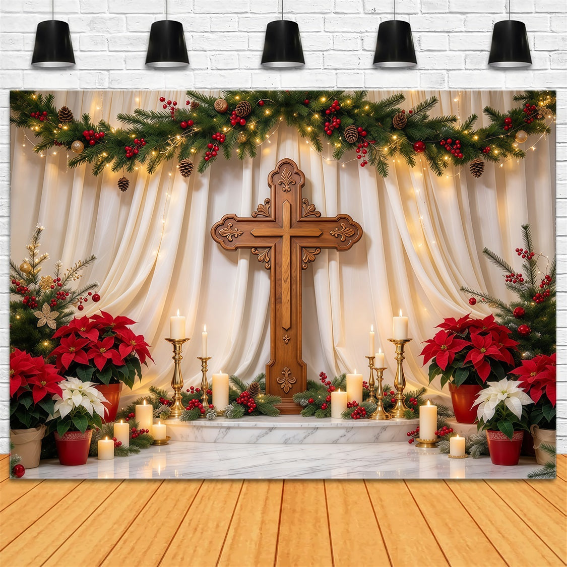 Religiöser Weihnachtshintergrund Kerzenbeleuchtetes Kreuz Weihnachtsstern GQ69-106