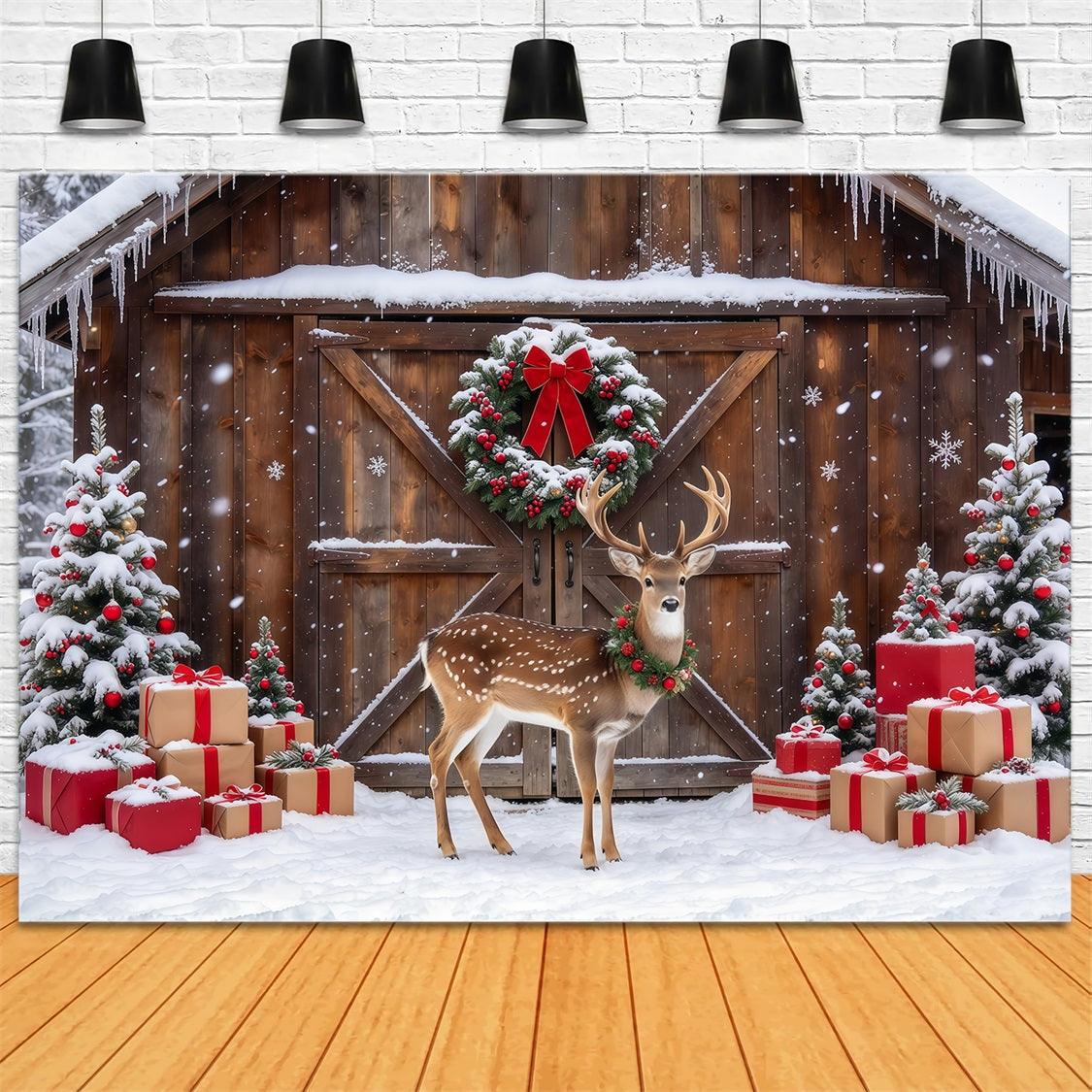 Ländlicher Weihnachtsfotohintergrund Verschneite Rentiere Scheune GQ69-111