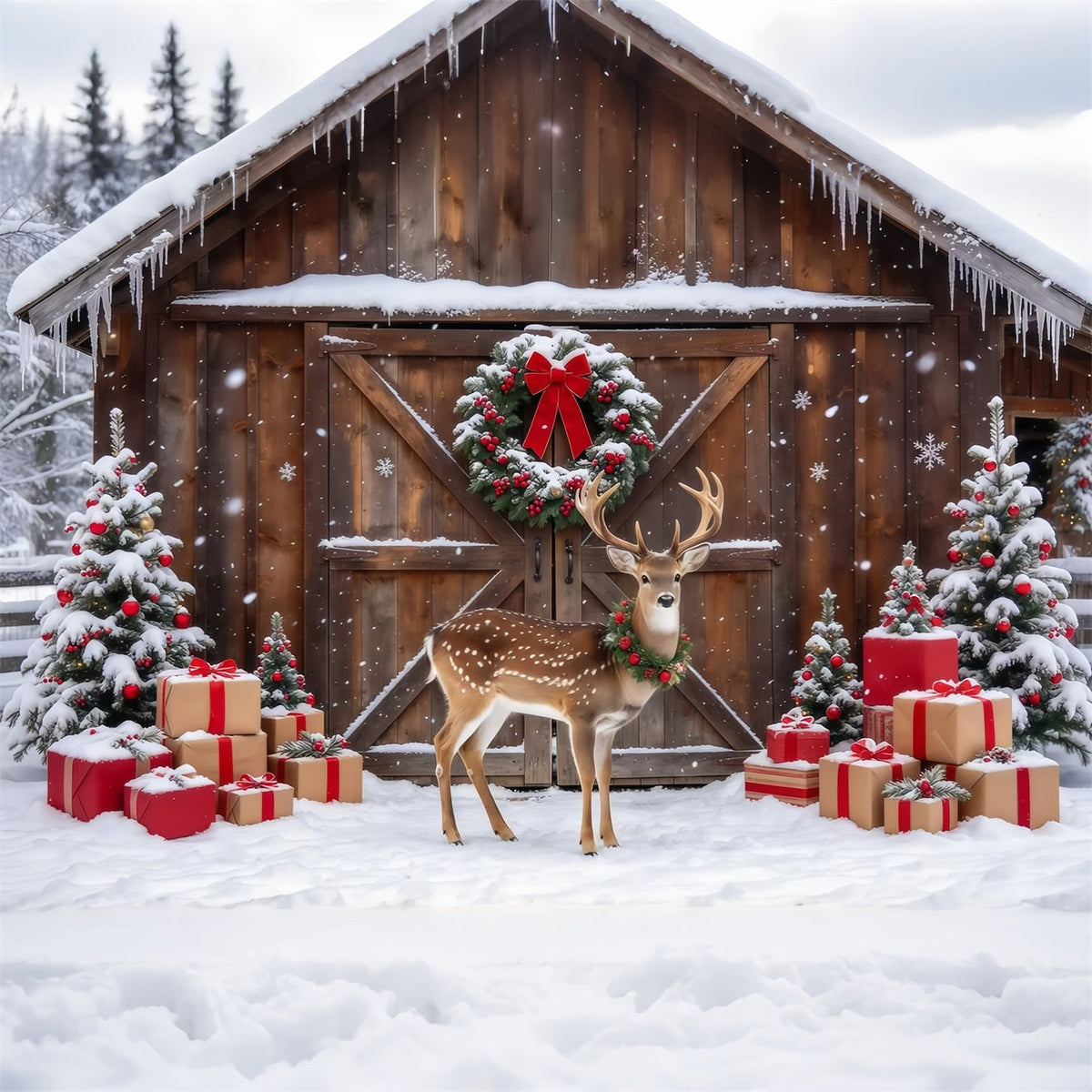 Ländlicher Weihnachtsfotohintergrund Verschneite Rentiere Scheune GQ69-111