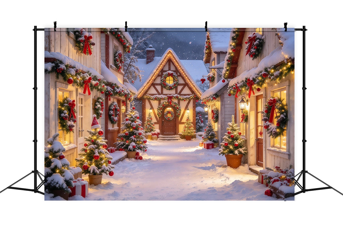 Weihnachtlicher Hintergrund Verschneite Girlanden Dorfstraße GQ69-118