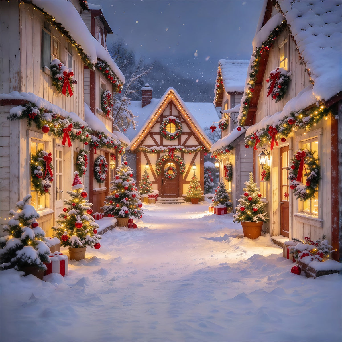 Weihnachtlicher Hintergrund Verschneite Girlanden Dorfstraße GQ69-118