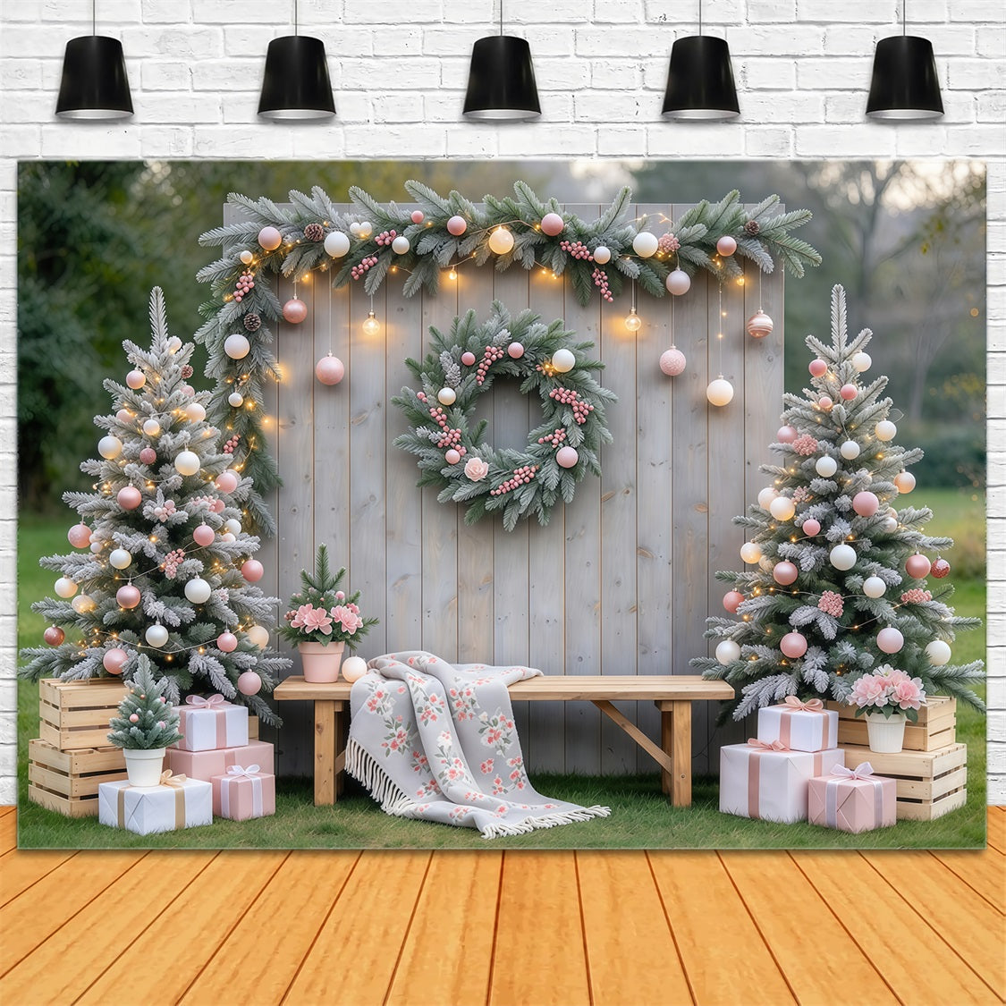 Rustikaler Weihnachtsfotohintergrund Zartrosa Ornament Garten Dekoration GQ69-119
