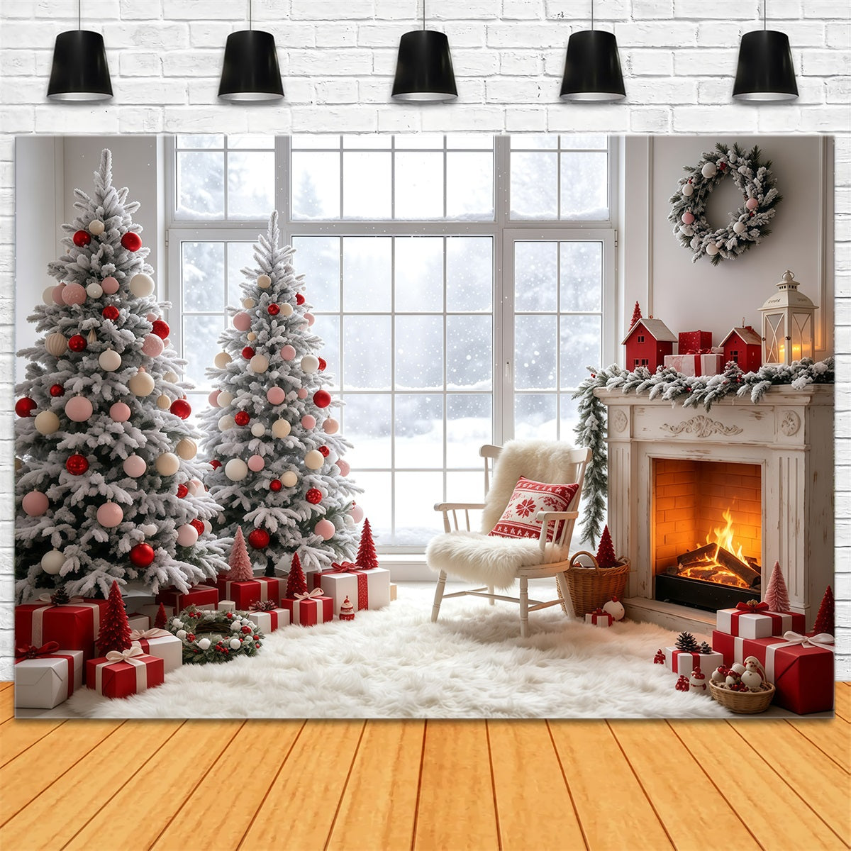 Weihnachtsfenster-Hintergrund Kaminzimmer Mit Rosa Baum Weihnachtswand-Hintergrund GQ69-12