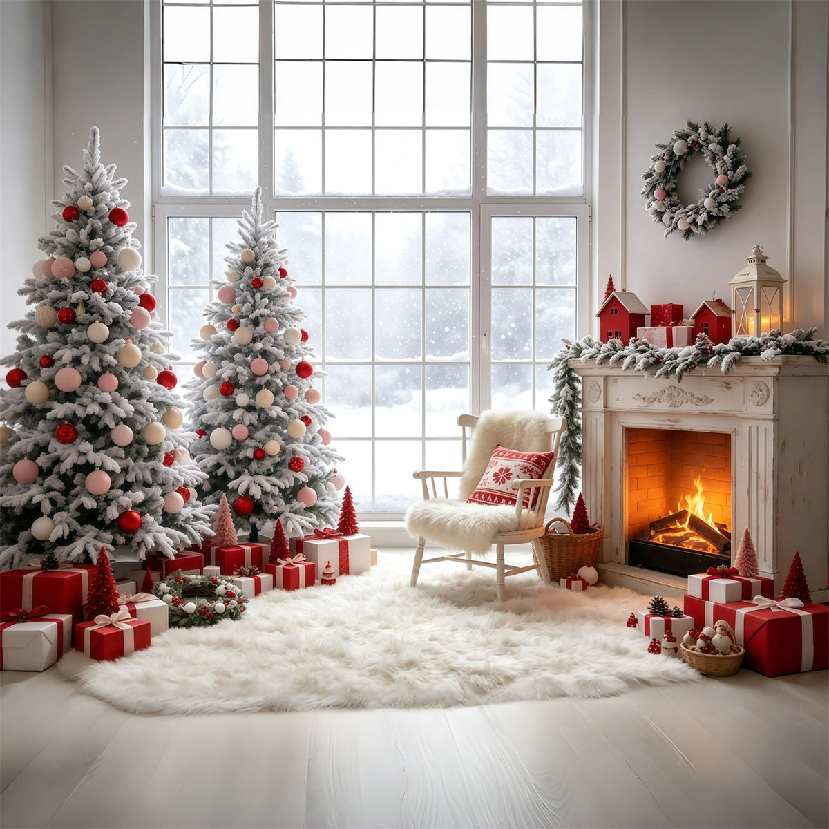 Weihnachtsfenster-Hintergrund Kaminzimmer Mit Rosa Baum Weihnachtswand-Hintergrund GQ69-12