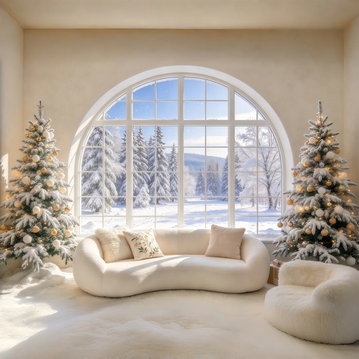 Weihnachtlicher Sofahintergrund Verschneites Bogenfenster Wohnzimmer Geschenke GQ69-120