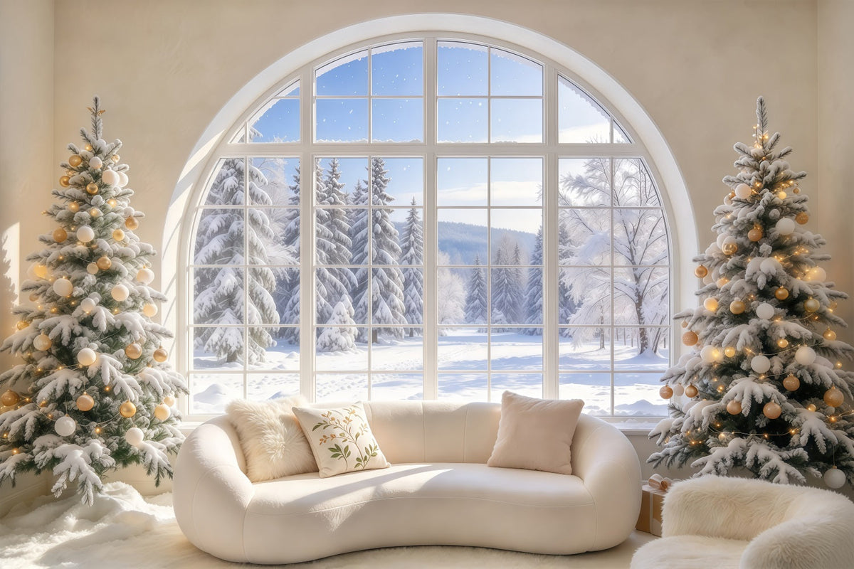Weihnachtlicher Sofahintergrund Verschneites Bogenfenster Wohnzimmer Geschenke GQ69-120