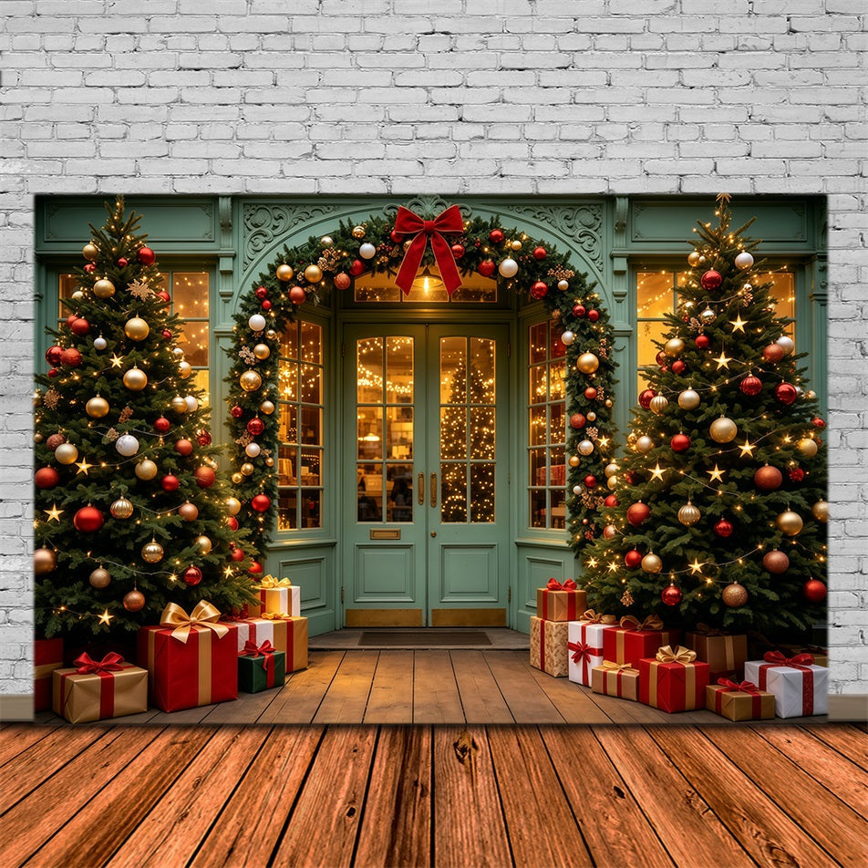 Weihnachtsladen-Hintergrund Grüner Türgirlandeneingang Weihnachtshintergrund Aus Musselin GQ69-13