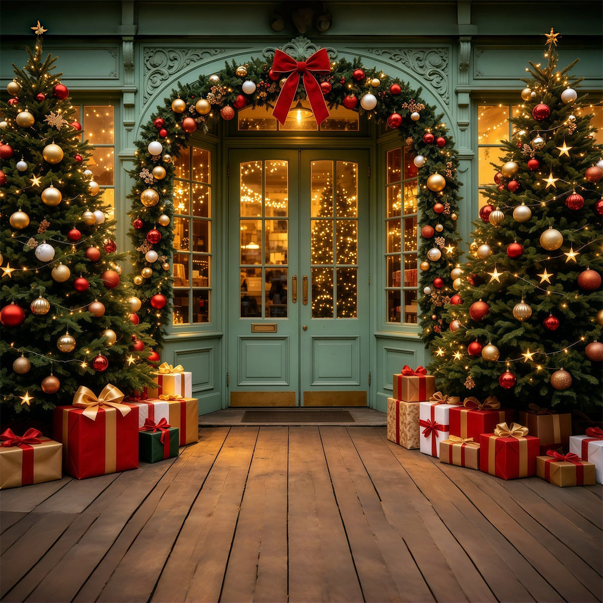 Weihnachtsladen-Hintergrund Grüner Türgirlandeneingang Weihnachtshintergrund Aus Musselin GQ69-13