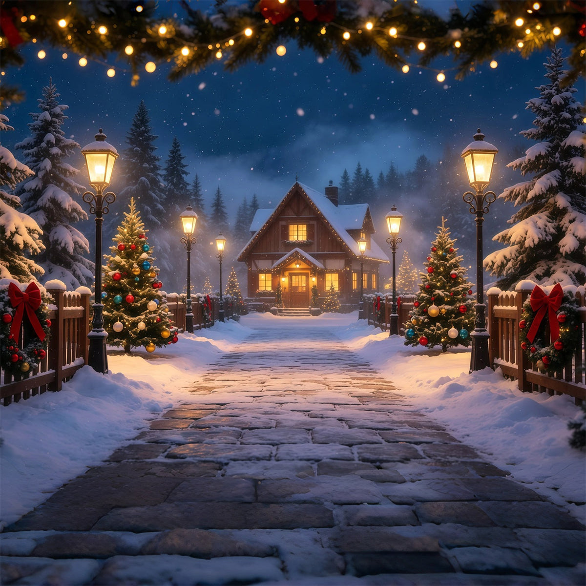 Winterliche Weihnachtskulisse Weg Zum Ferienhaus Im Verschneiten Wald Musselin-Hintergrund Weihnachten GQ69-14