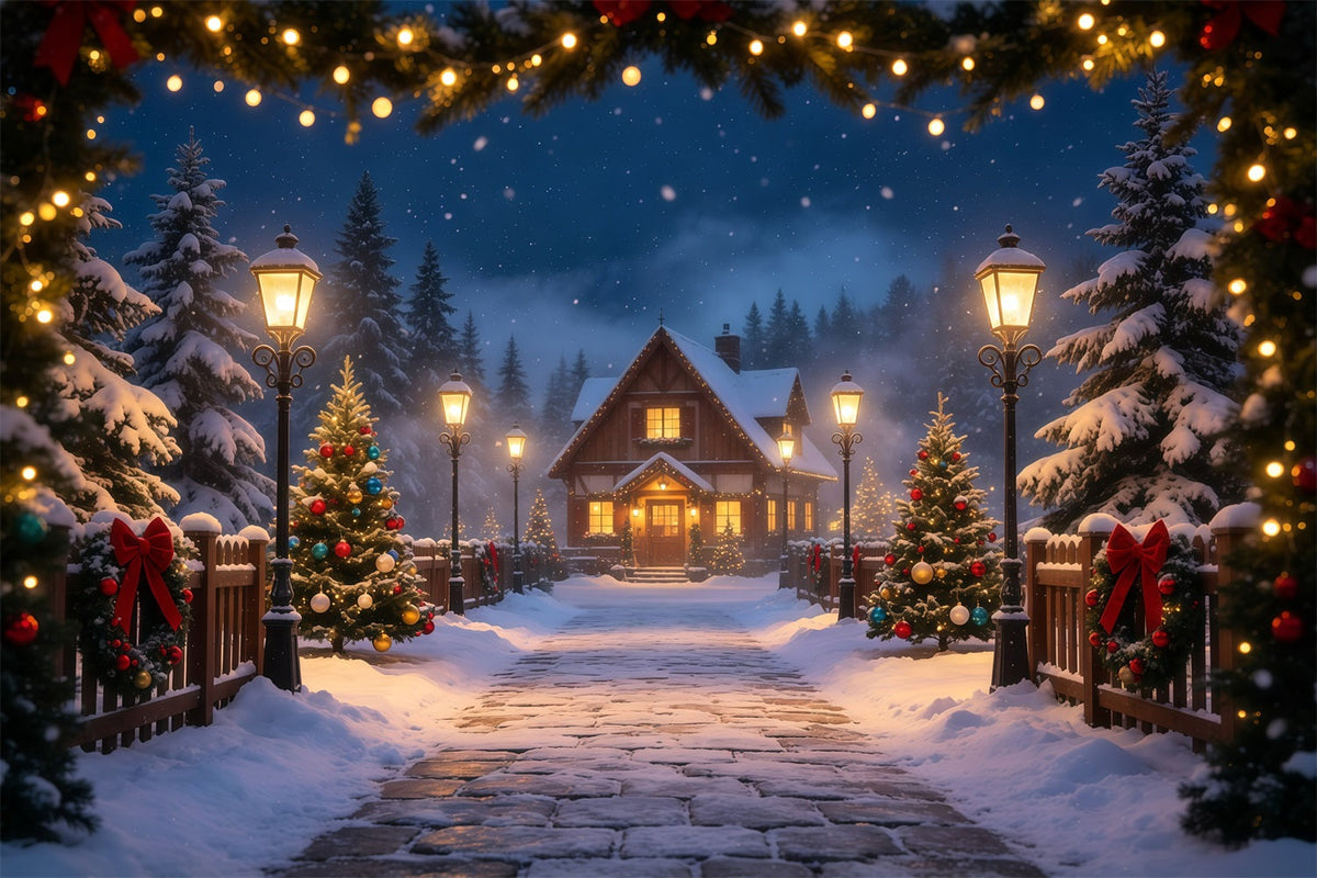 Winterliche Weihnachtskulisse Weg Zum Ferienhaus Im Verschneiten Wald Musselin-Hintergrund Weihnachten GQ69-14