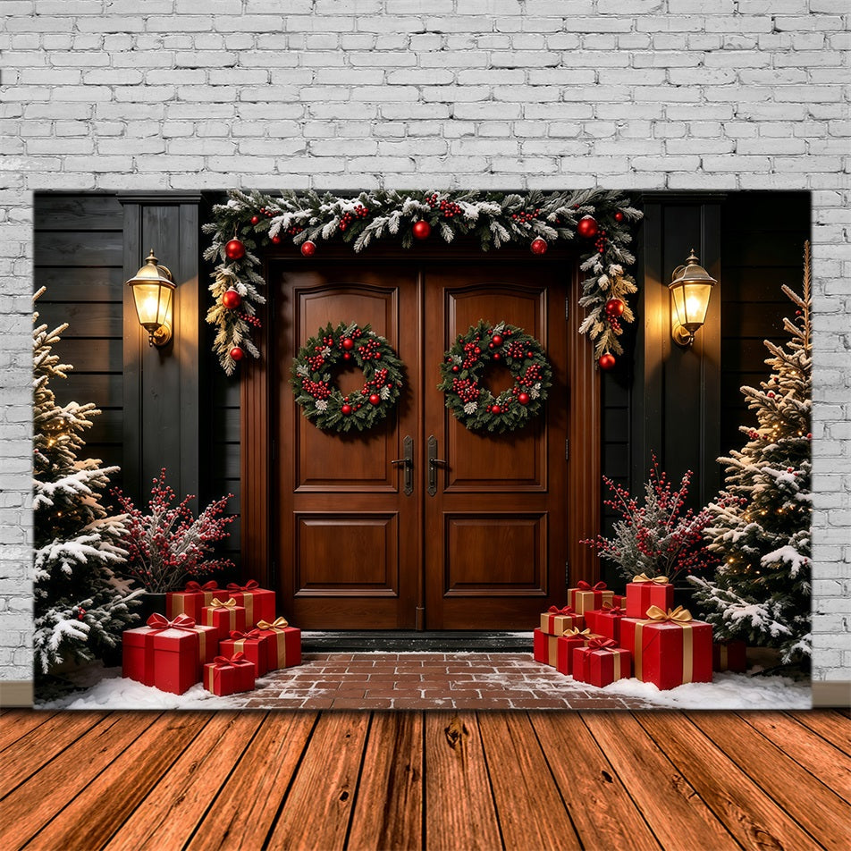 Dunkler Weihnachtshintergrund Doppelter Kranz Holztür Weihnachts-Fotohintergründe GQ69-15