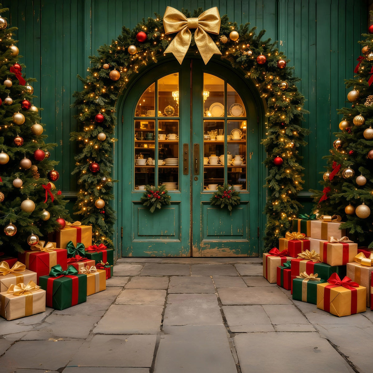 Weihnachtsladen-Hintergrund Türkisfarbener Gewölbter Girlandeneingang Weihnachtskulissen GQ69-18