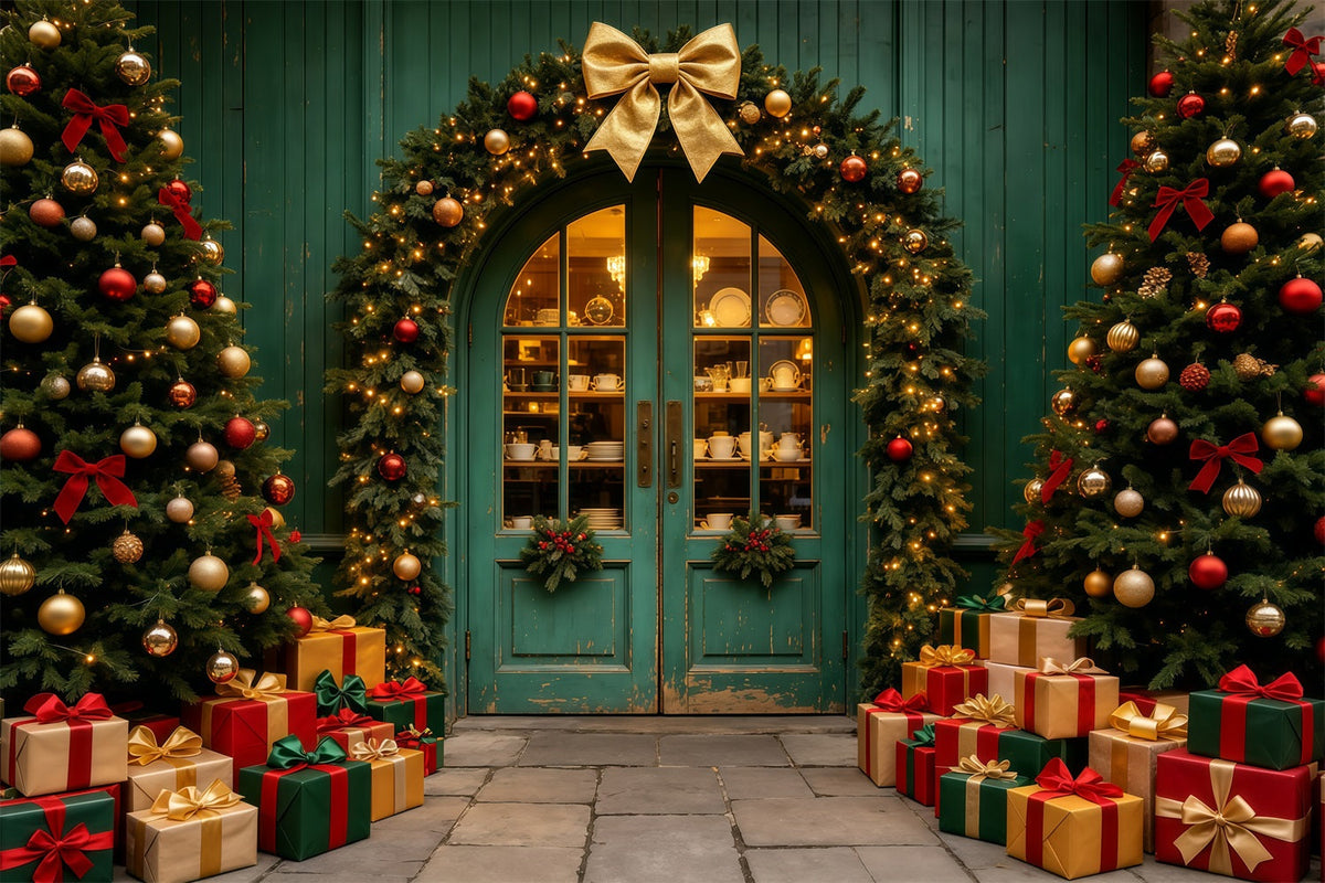 Weihnachtsladen-Hintergrund Türkisfarbener Gewölbter Girlandeneingang Weihnachtskulissen GQ69-18