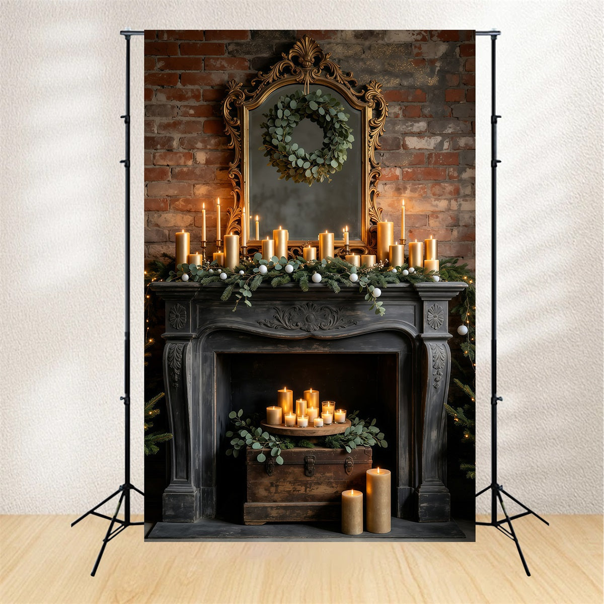 Weihnachtskamin-Hintergrund Vintage-Kerzenkamin Aus Spiegel Weihnachtsfotohintergrund GQ69-21