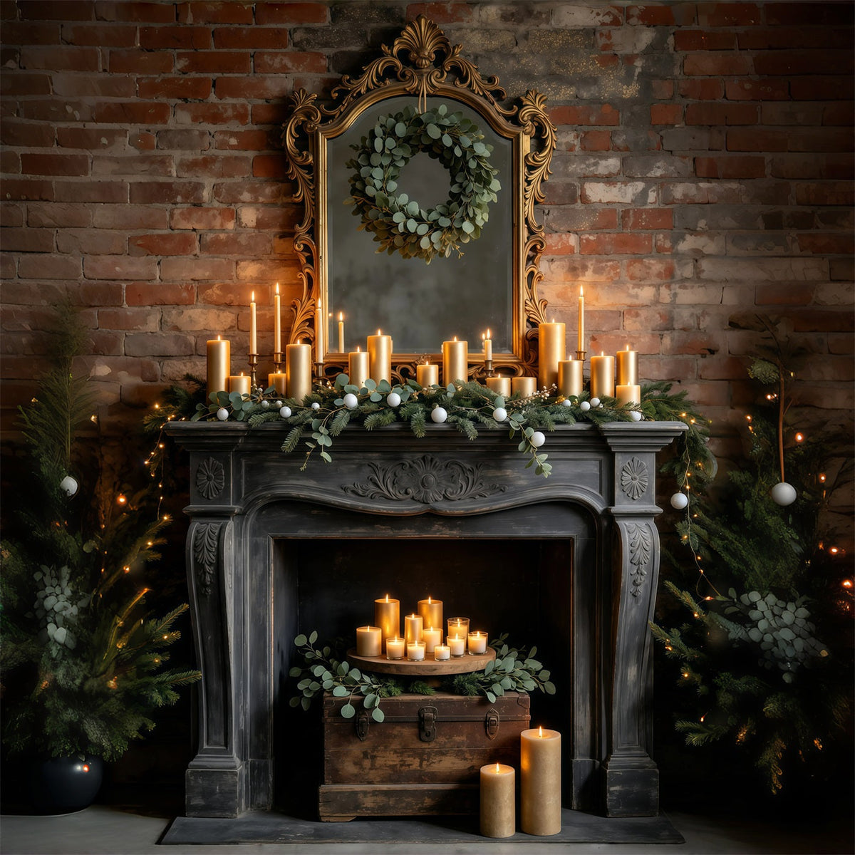 Weihnachtskamin-Hintergrund Vintage-Kerzenkamin Aus Spiegel Weihnachtsfotohintergrund GQ69-21
