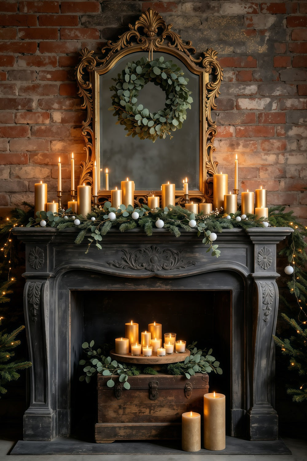 Weihnachtskamin-Hintergrund Vintage-Kerzenkamin Aus Spiegel Weihnachtsfotohintergrund GQ69-21