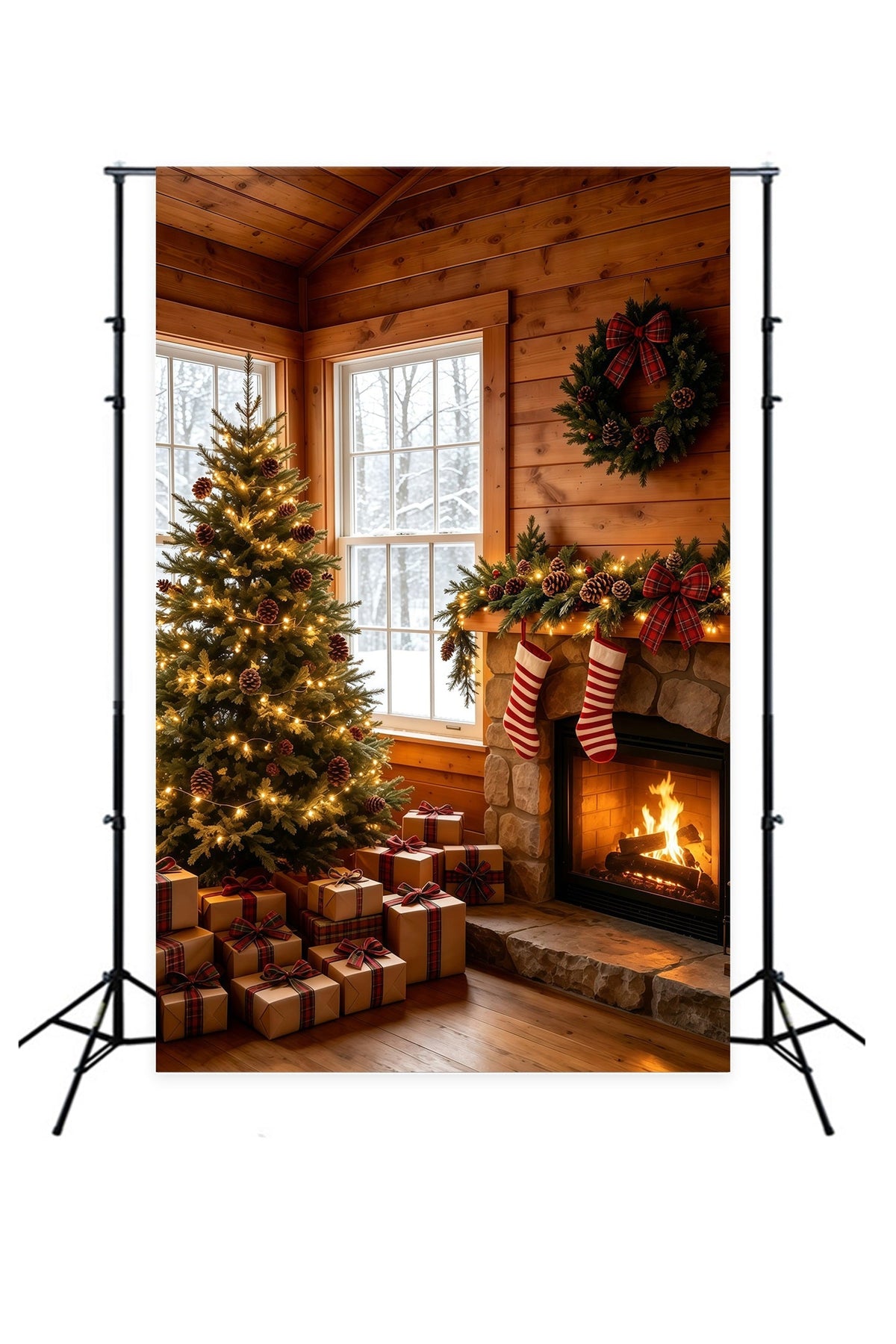 Rustikale Weihnachtskulisse Gemütlicher Hüttenkaminbaum Weihnachtshintergrund GQ69-23