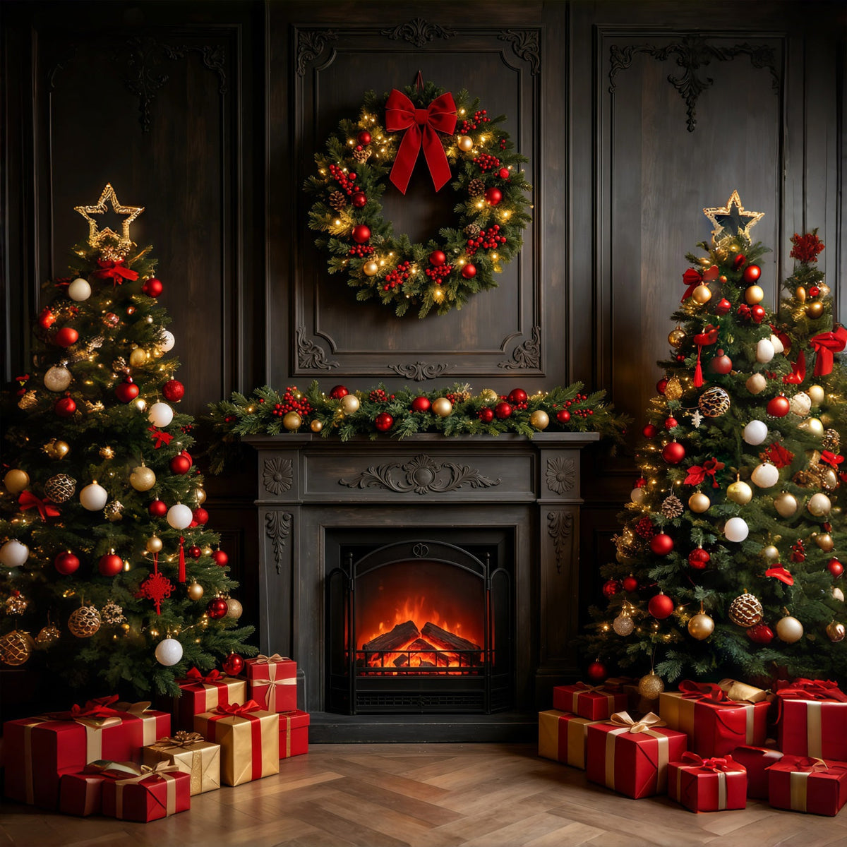 Dunkler Weihnachtshintergrund Vintage Kaminkranz-Kaminsims Weihnachts-Fotografie-Hintergründe GQ69-26