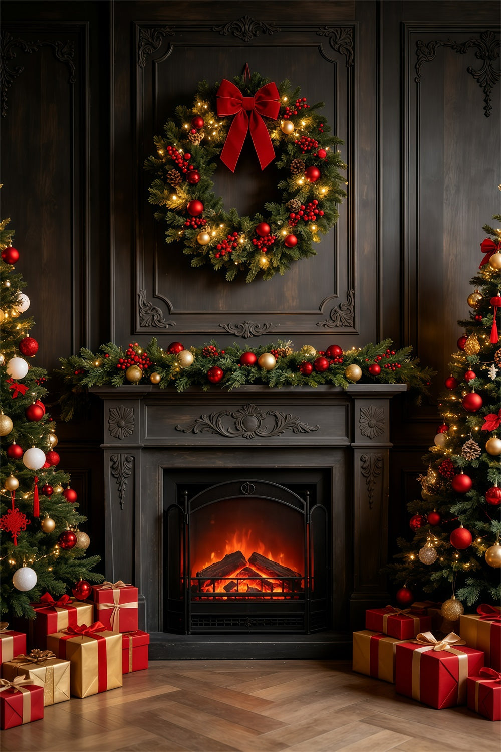 Dunkler Weihnachtshintergrund Vintage Kaminkranz-Kaminsims Weihnachts-Fotografie-Hintergründe GQ69-26