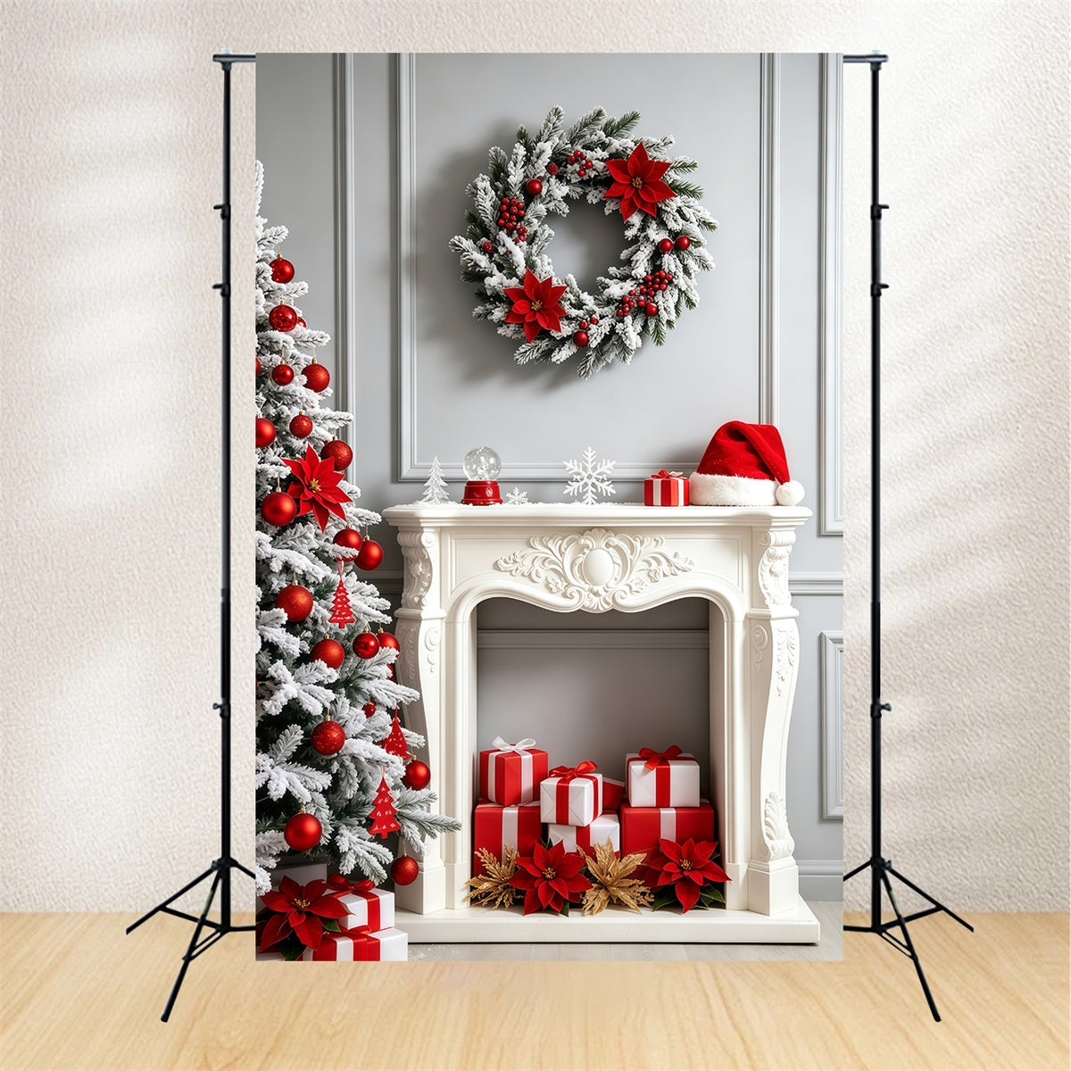 Kamin-Hintergrund Weihnachten Weißer Weihnachtsstern Als Kamindekoration Weihnachtsfotohintergrund GQ69-27