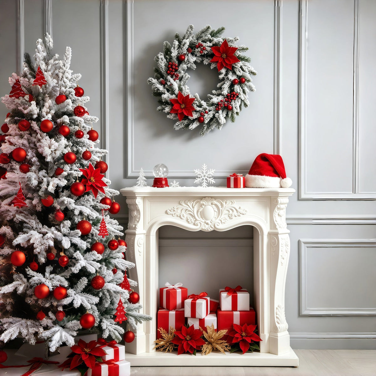 Kamin-Hintergrund Weihnachten Weißer Weihnachtsstern Als Kamindekoration Weihnachtsfotohintergrund GQ69-27