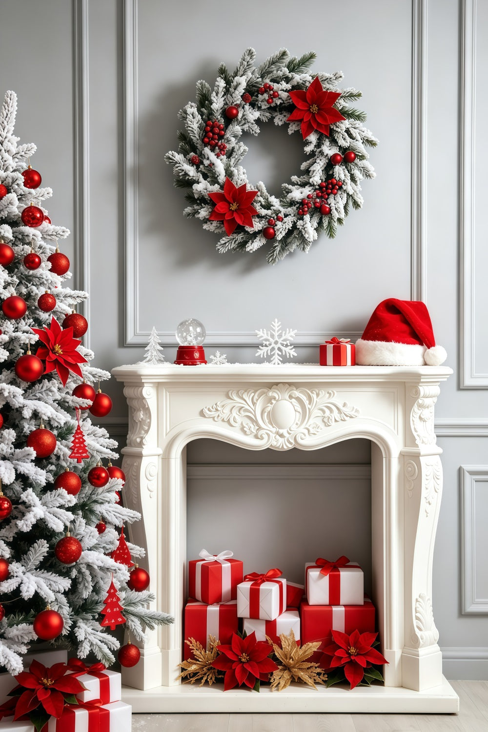 Kamin-Hintergrund Weihnachten Weißer Weihnachtsstern Als Kamindekoration Weihnachtsfotohintergrund GQ69-27