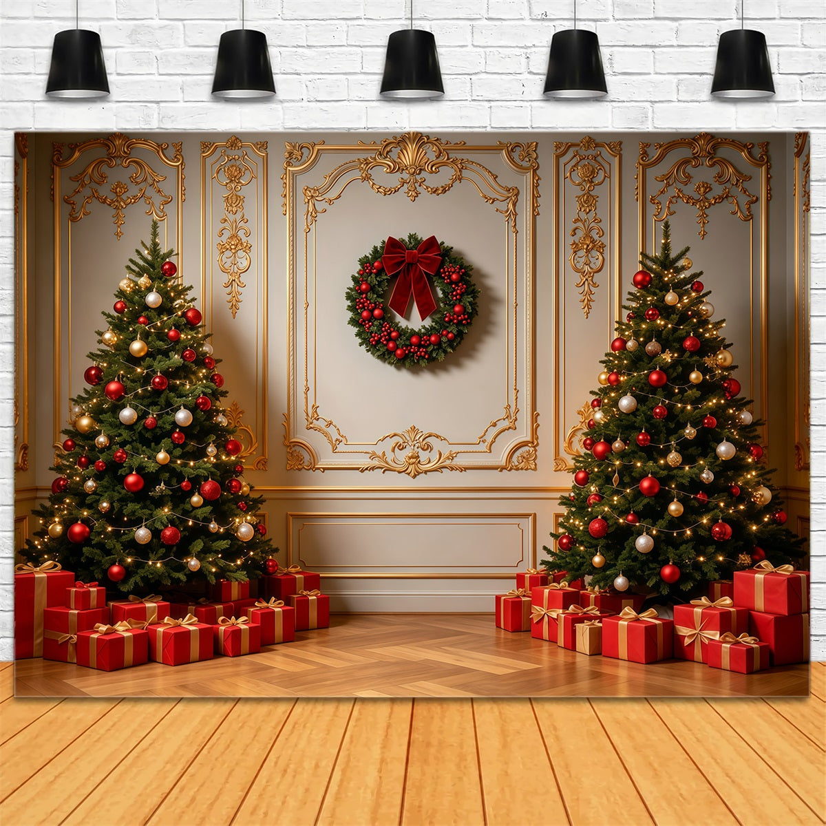 Weihnachtswand-Hintergrund Elegante Innenausstattung Mit Goldverzierungen Weihnachts-Fotohintergründe GQ69-3
