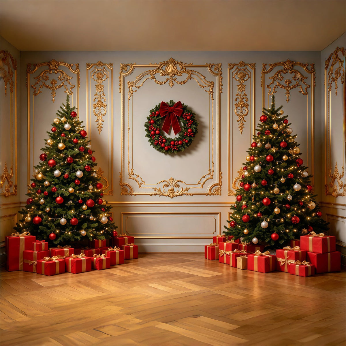 Weihnachtswand-Hintergrund Elegante Innenausstattung Mit Goldverzierungen Weihnachts-Fotohintergründe GQ69-3