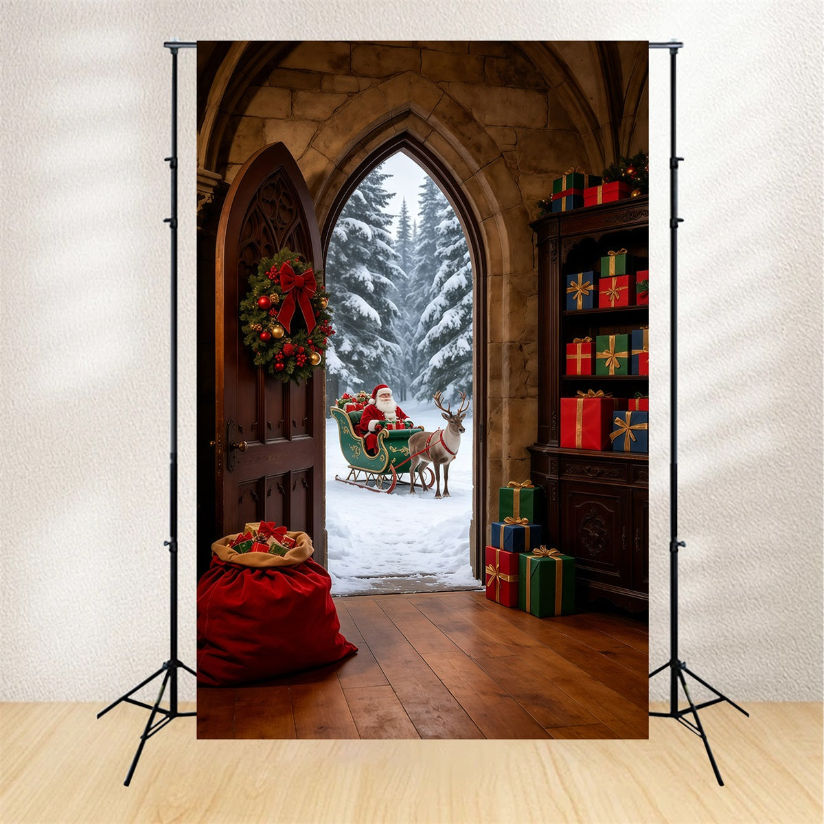 Weihnachtsmann-Hintergrund Wintereingang Mit Gotischem Bogen Große Weihnachtskulisse GQ69-31
