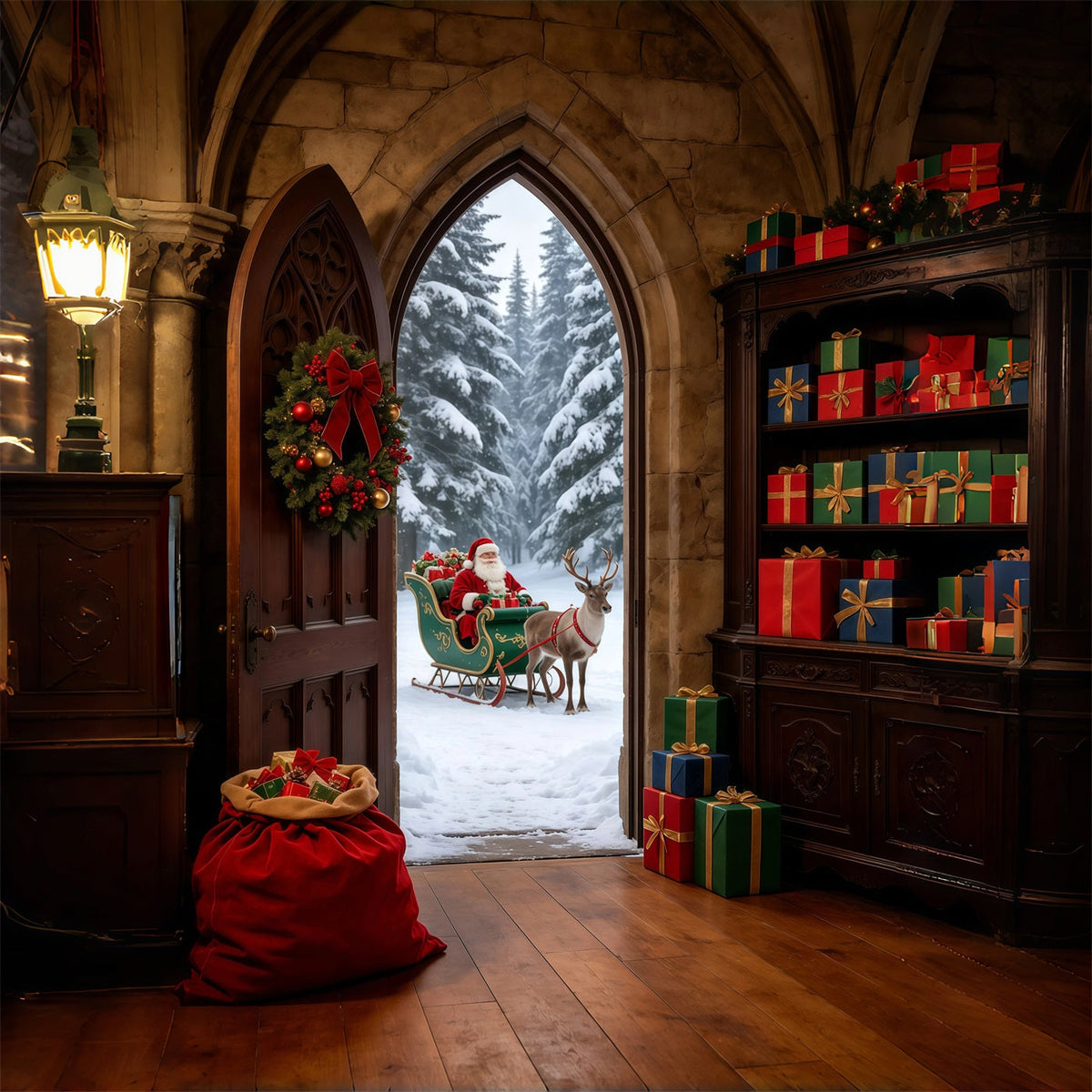 Weihnachtsmann-Hintergrund Wintereingang Mit Gotischem Bogen Große Weihnachtskulisse GQ69-31