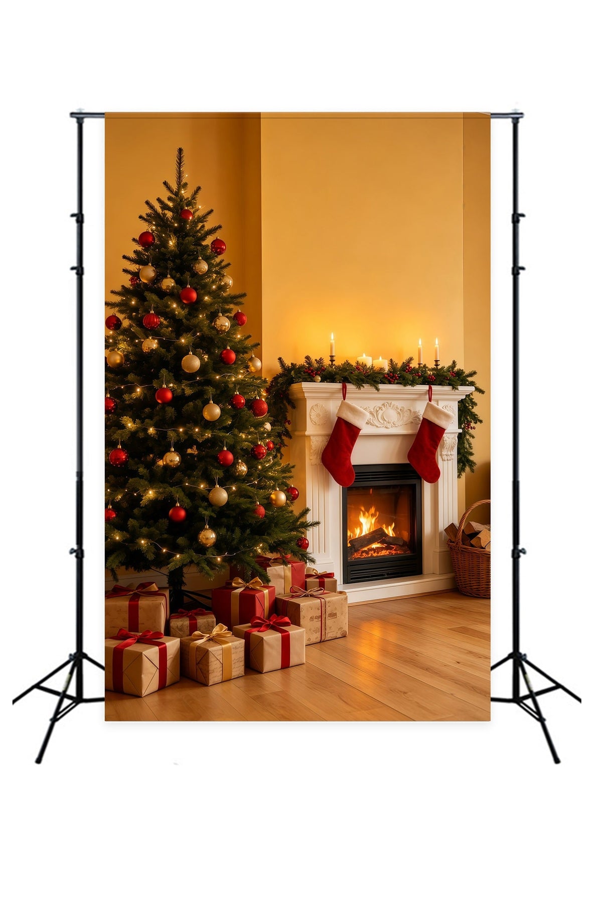Gemütliche Weihnachtskulisse Goldener Kamin Baum Ecke Weihnachts-Fotohintergründe GQ69-35