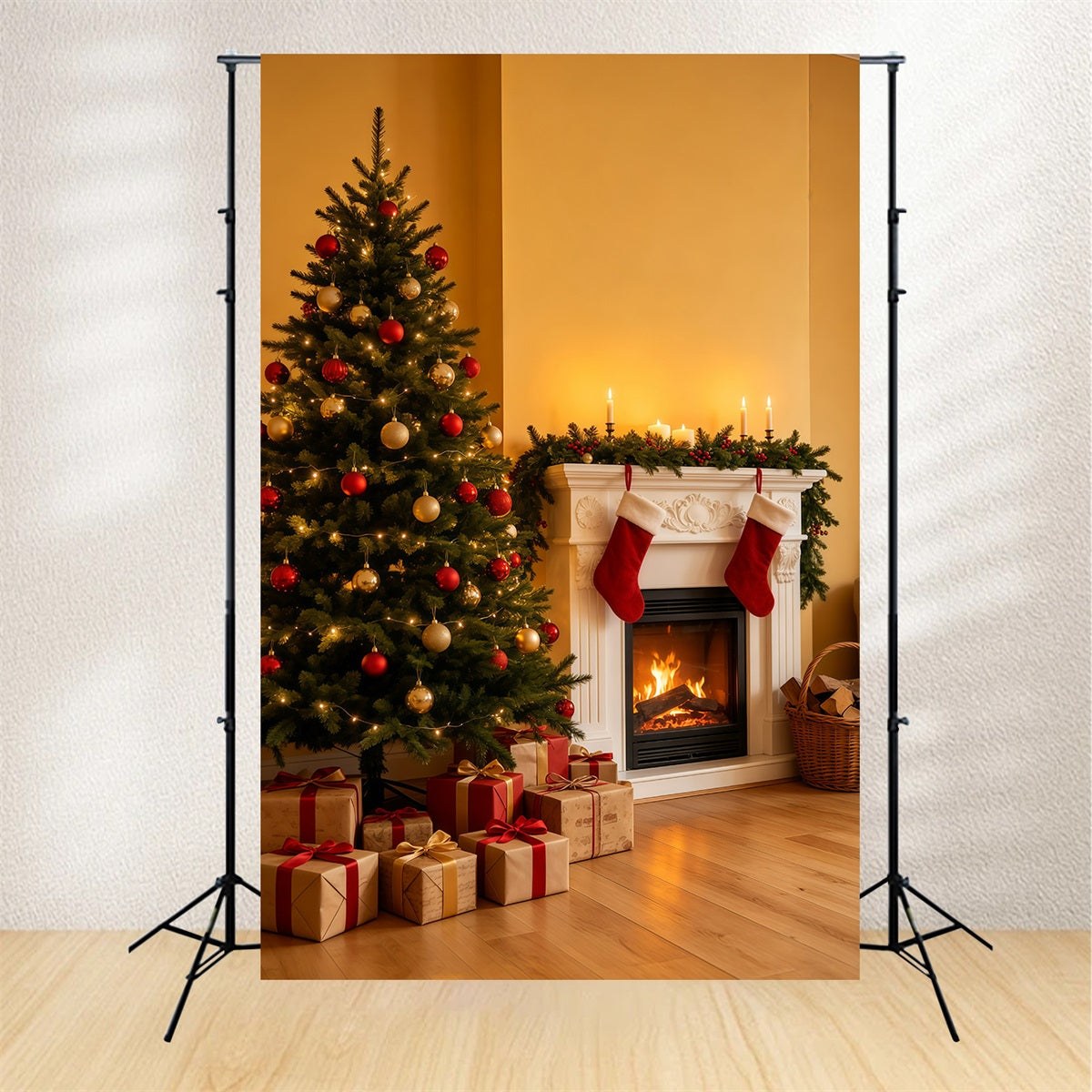 Gemütliche Weihnachtskulisse Goldener Kamin Baum Ecke Weihnachts-Fotohintergründe GQ69-35
