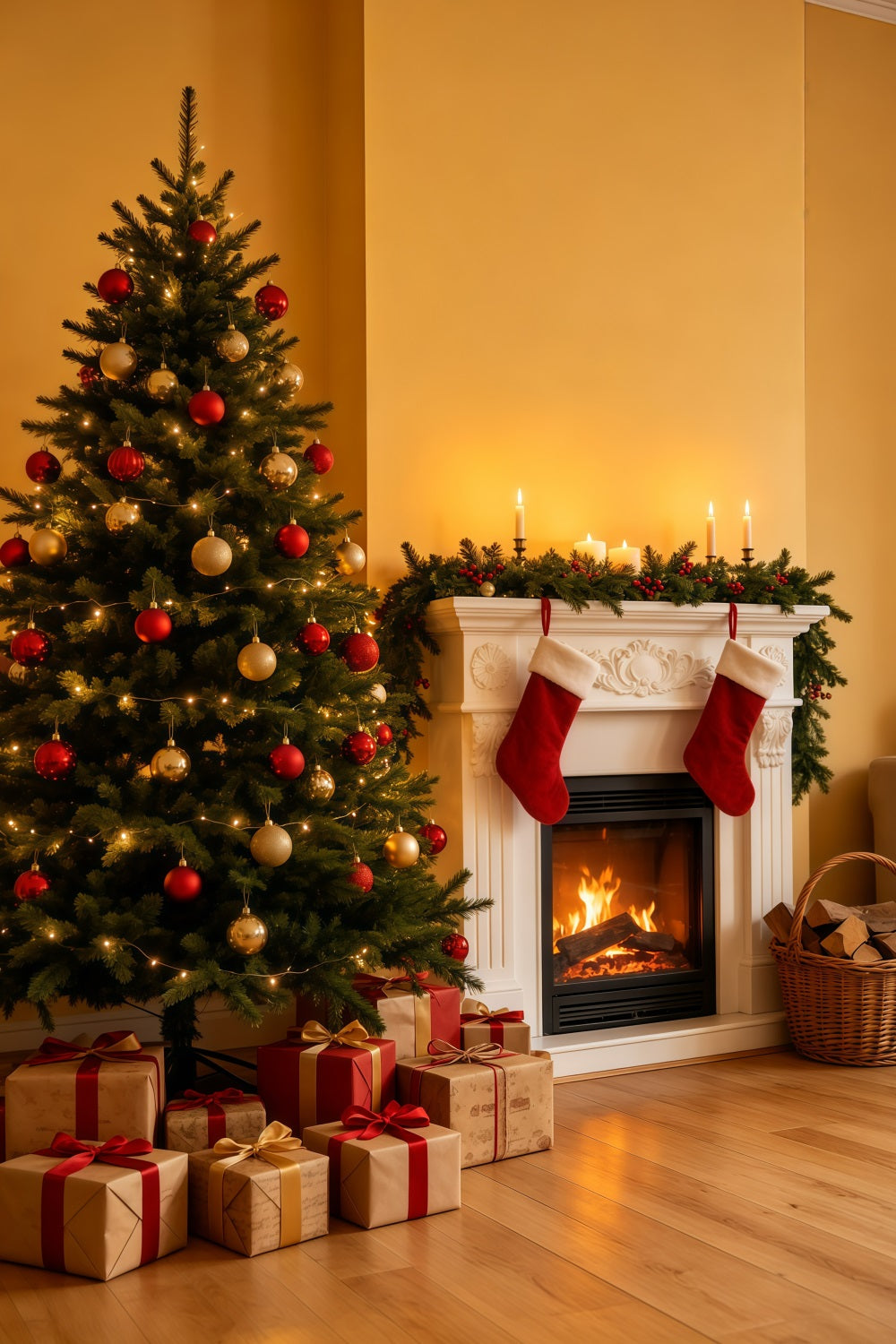 Gemütliche Weihnachtskulisse Goldener Kamin Baum Ecke Weihnachts-Fotohintergründe GQ69-35
