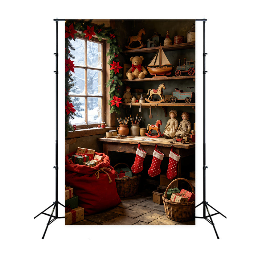 Weihnachtshütten-Kulisse Vintage-Spielzeugregalzimmer Weihnachtsstudio-Hintergrund GQ69-37