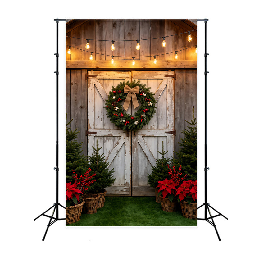 Kulisse Für Eine Weihnachtsbaumfarm Rustikaler Scheunentor-Kranz Weihnachtsfotohintergrund GQ69-38